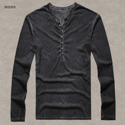 Men Cotton Vintage Henry T Shirts Casual Long Sleeve High quality color Cardigan - Vintage tees for Women